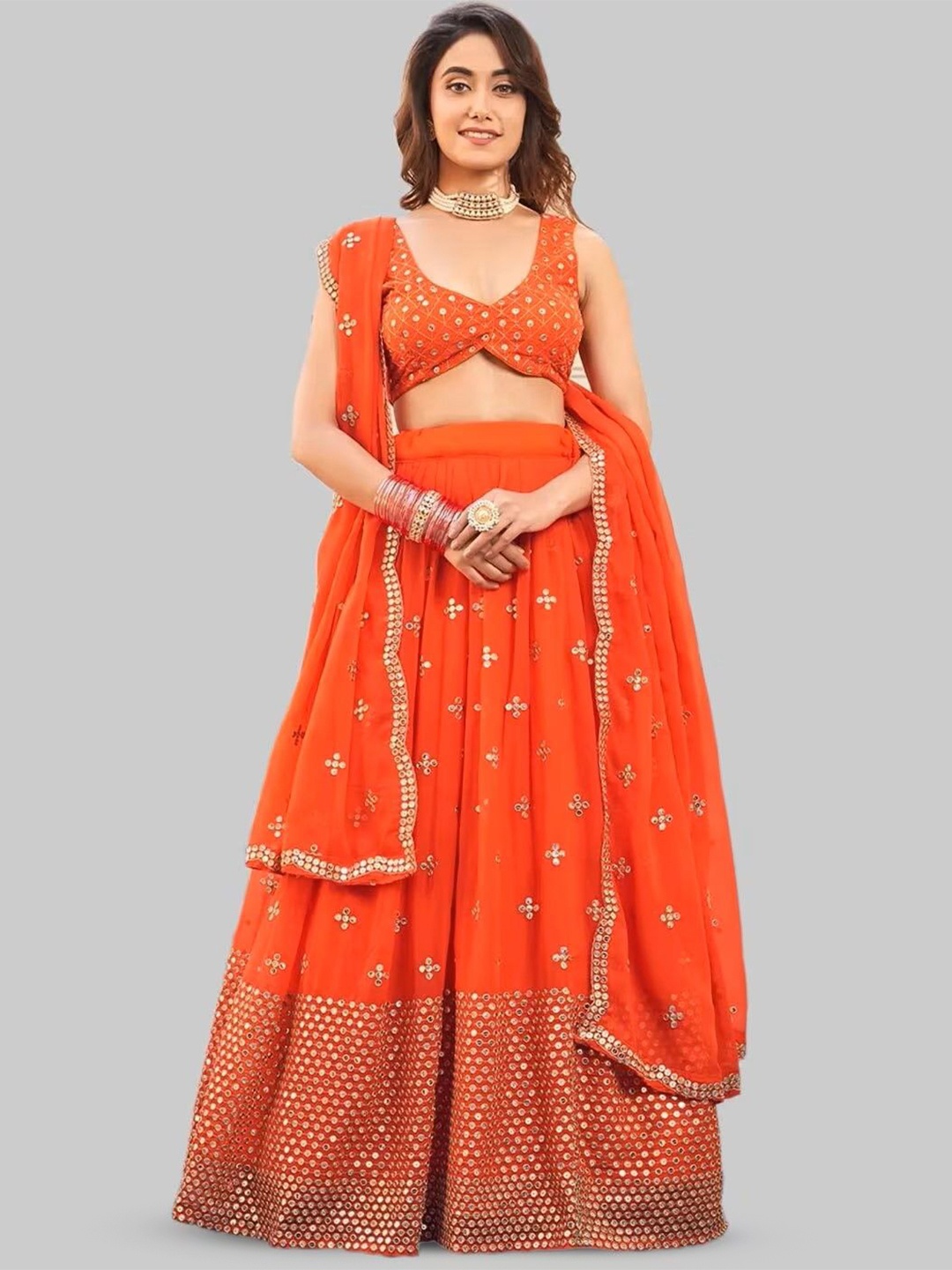 

KALINI Embroidered Mirror Work Semi-Stitched Lehenga & Unstitched Blouse With Dupatta, Orange