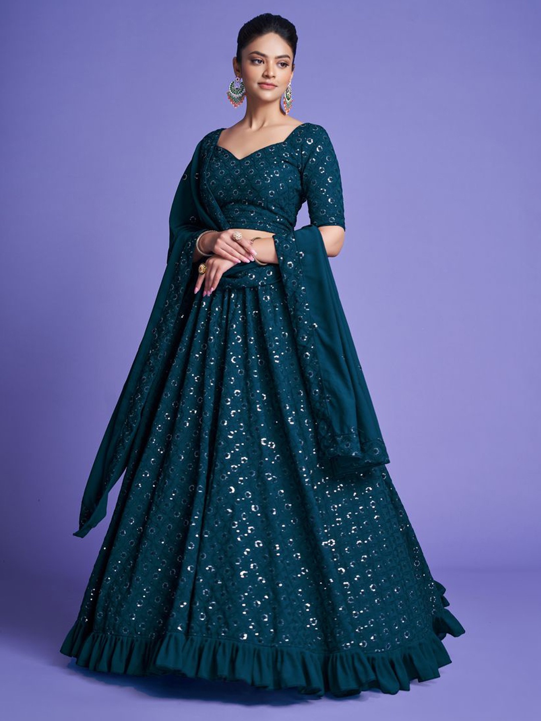 

KALINI Embroidered Sequinned Semi-Stitched Lehenga & Unstitched Blouse With Dupatta, Turquoise blue