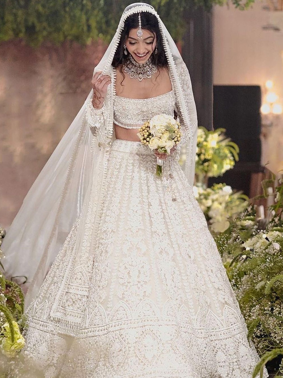 

KALINI Embroidered Thread Work Net Semi-Stitched Lehenga & Unstitched Blouse With Dupatta, White