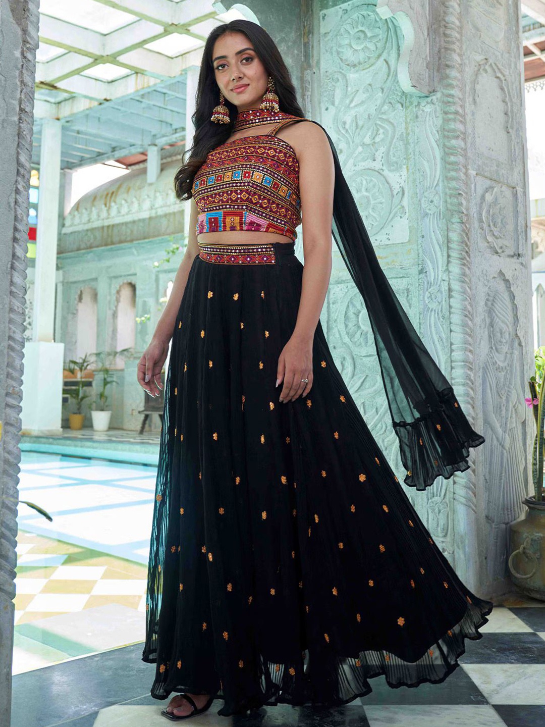 

KALINI Embroidered Thread Work Semi-Stitched Lehenga & Unstitched Blouse With Dupatta, Black