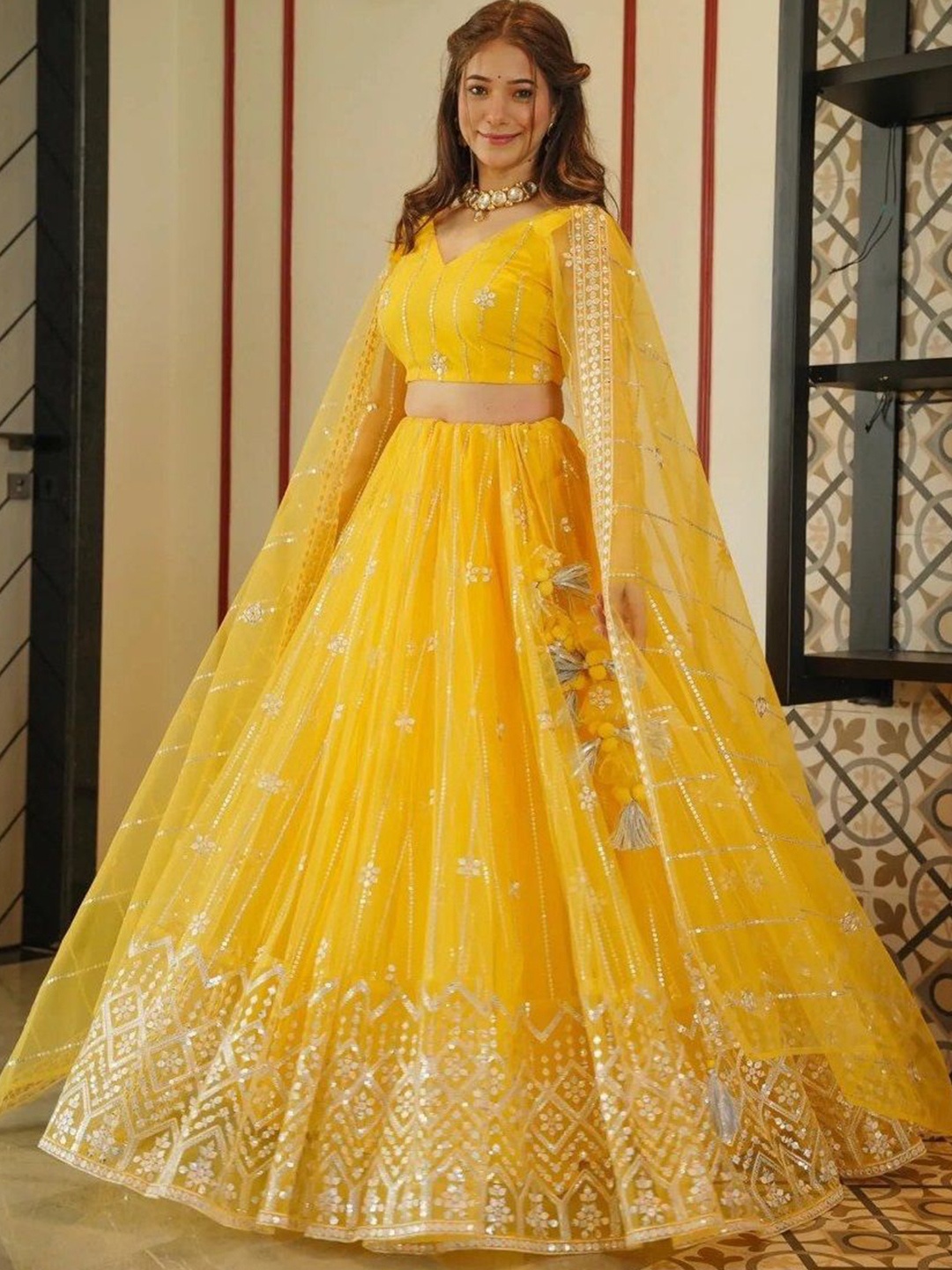 

KALINI Embroidered Sequinned Semi-Stitched Lehenga & Unstitched Blouse With Dupatta, Yellow