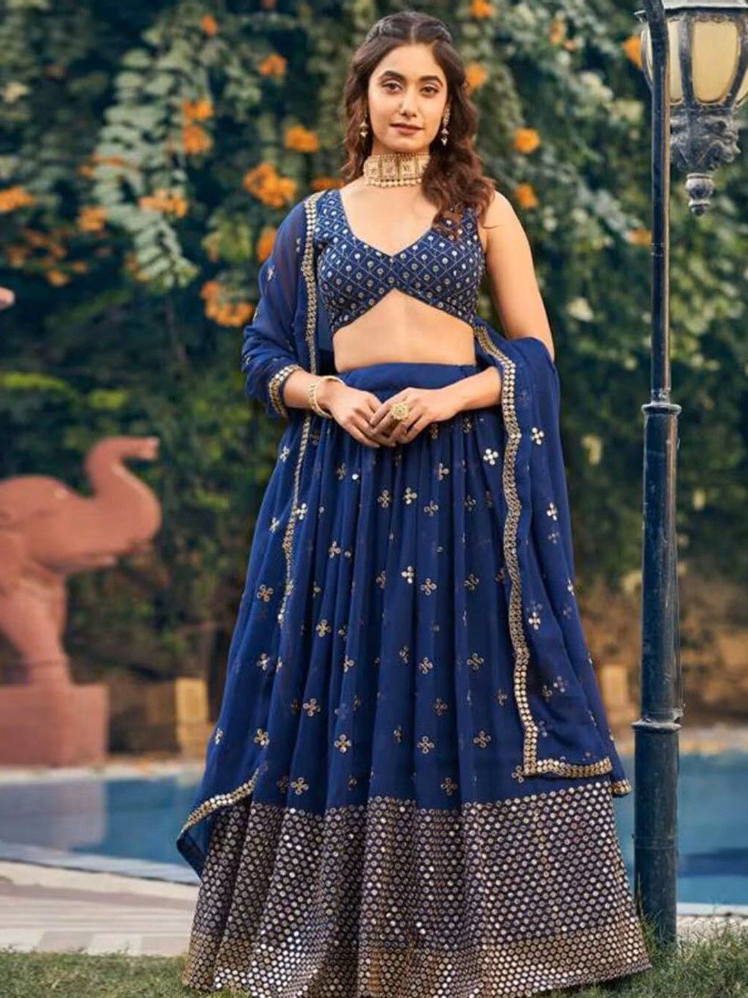 

KALINI Embroidered Sequinned Semi-Stitched Lehenga & Unstitched Blouse With Dupatta, Blue
