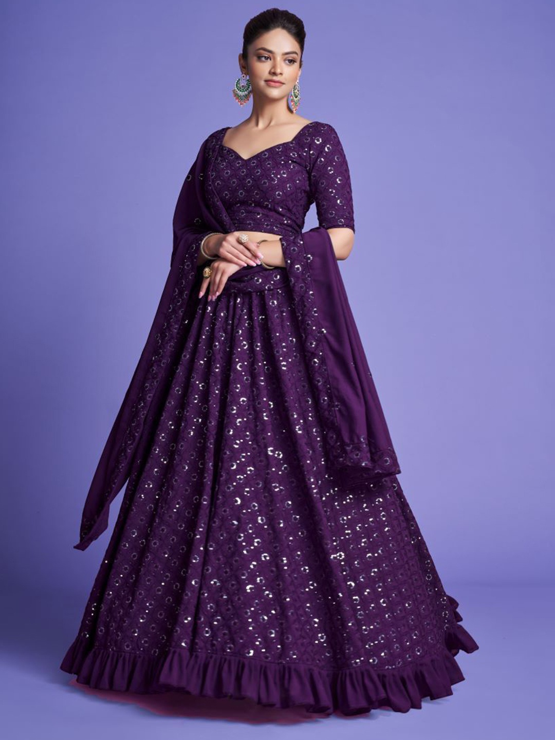 

KALINI Embroidered Sequinned Semi-Stitched Lehenga & Unstitched Blouse With Dupatta, Purple