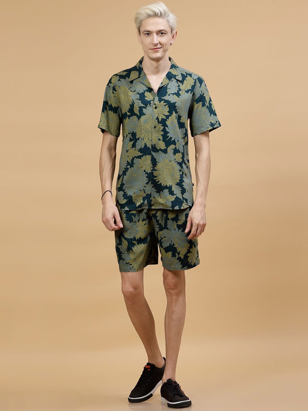 

Rigo Plus Size Leaf Printed Shirt With Shorts Co-Ords Set, Navy blue