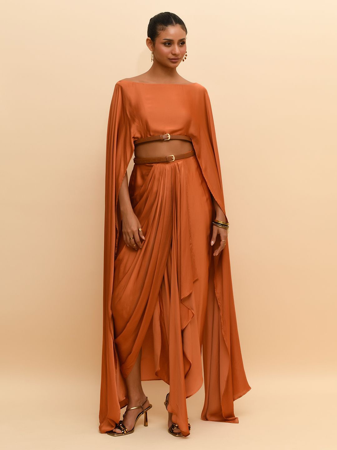 

R.Y by Rishi and Vibhuti Women Cape Sleeve Maxi Crop Top, Tan