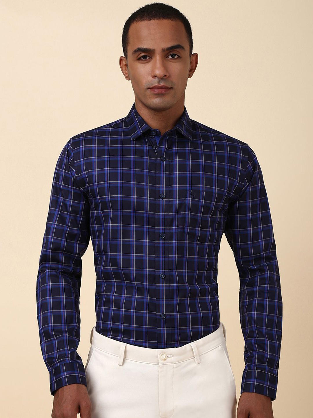 

Allen Solly Men Slim Fit Opaque Checked Formal Shirt, Navy blue