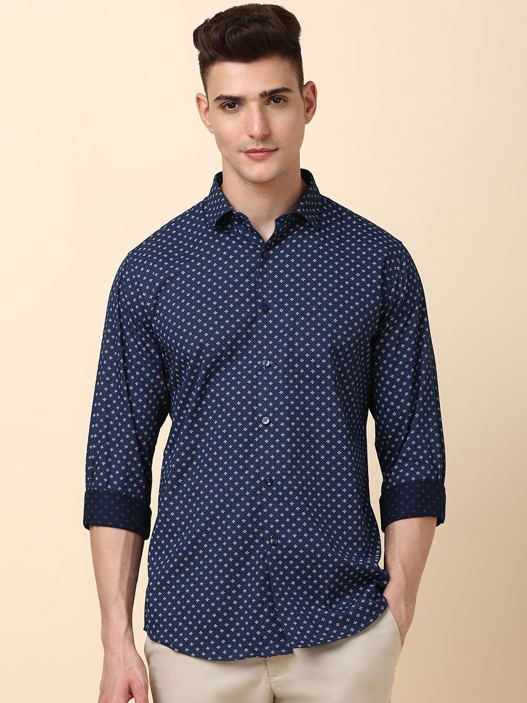 

Allen Solly Men Slim Fit Opaque Printed Casual Shirt, Navy blue