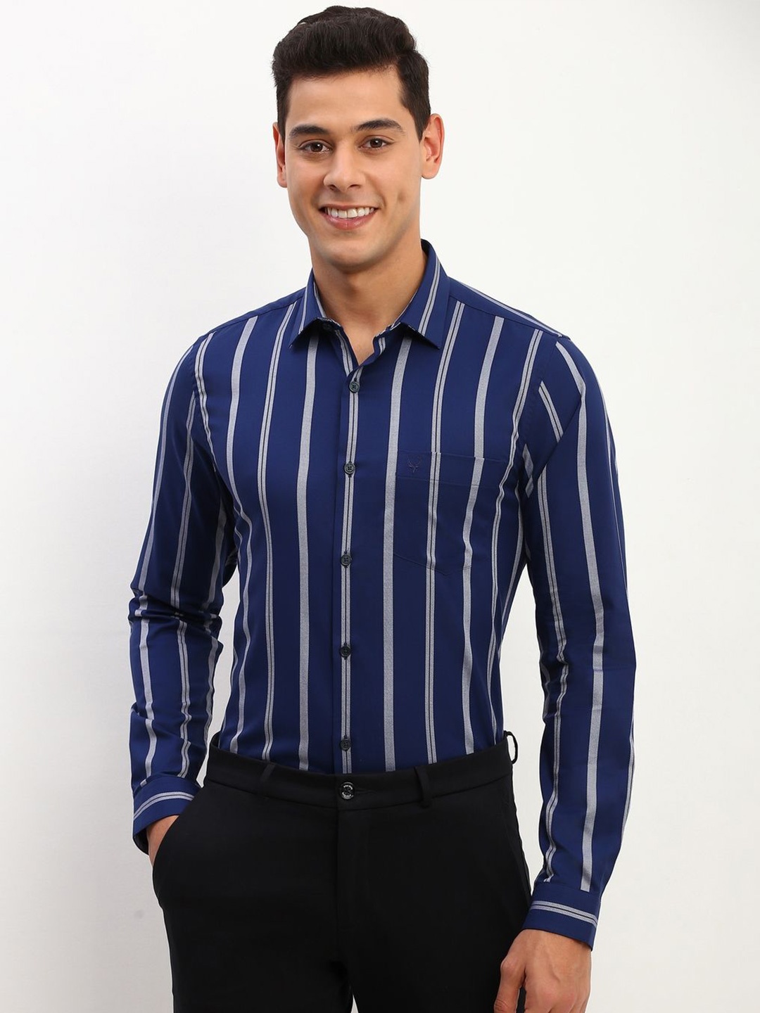 

Allen Solly Men Slim Fit Opaque Striped Formal Shirt, Navy blue