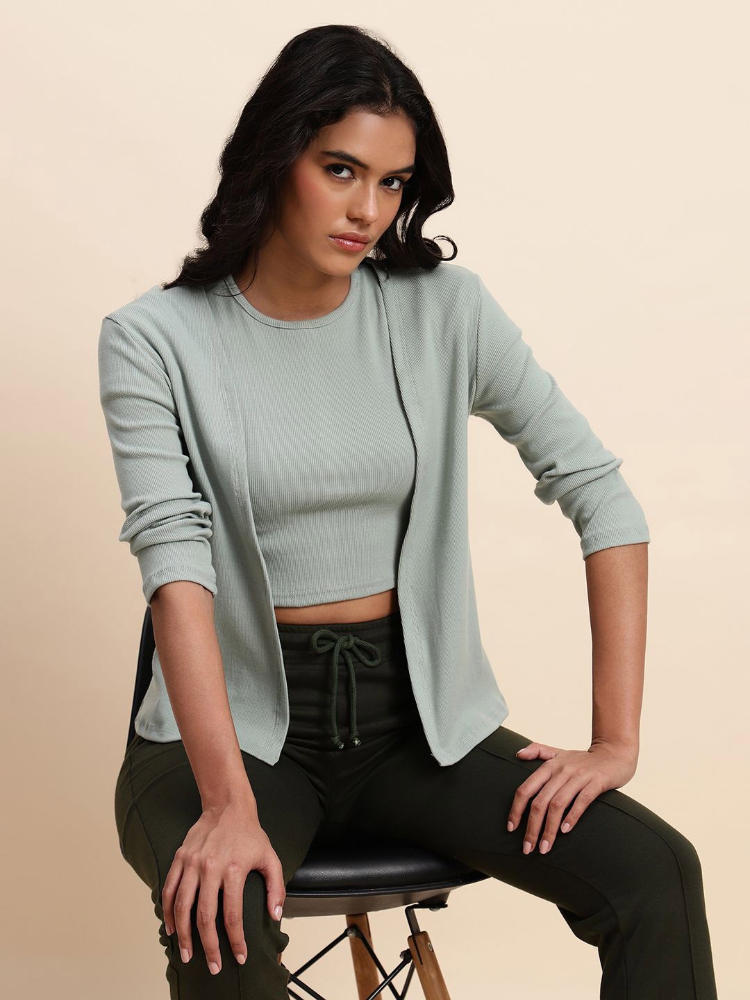 

UnaOne Ribbed Pure Cotton Open Front Shrug, Sea green