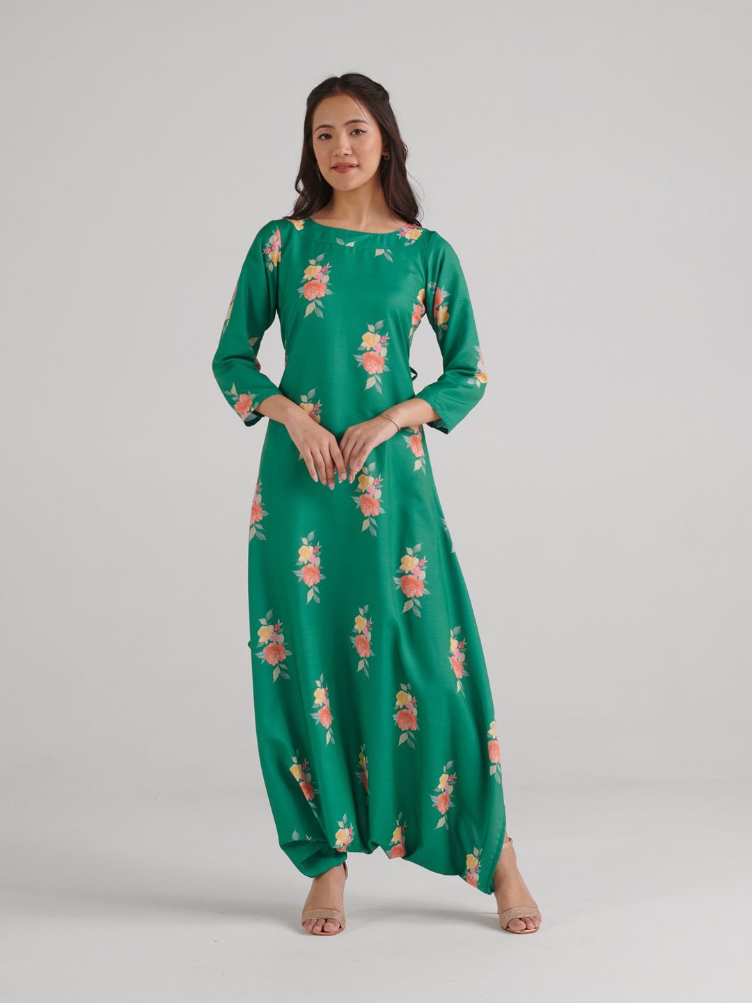 

Pasha Floral Printed Boat Neck Dhoti Jumpsuit, Green