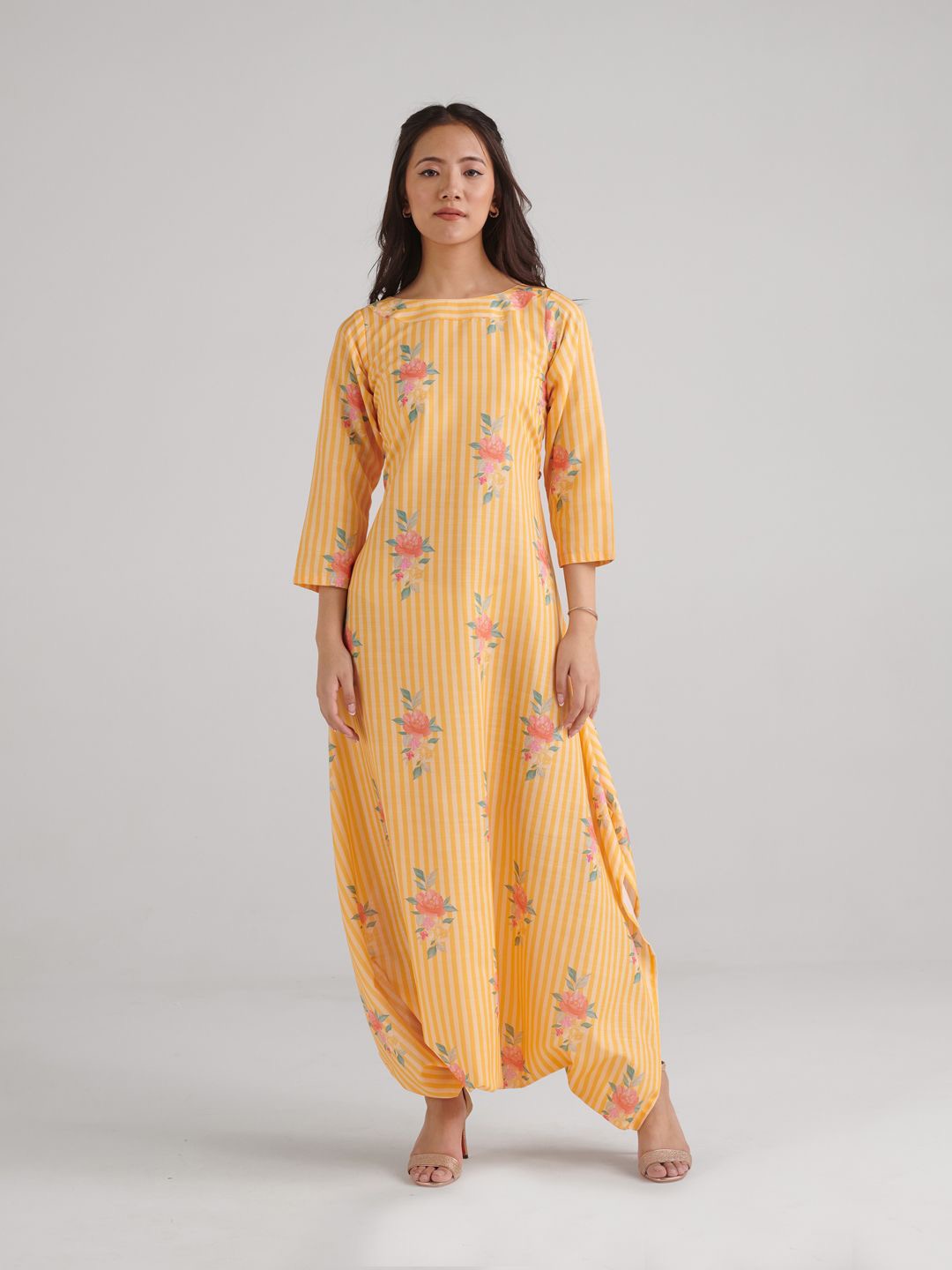 

Pasha Floral Printed Boat Neck Dhoti Jumpsuit, Yellow