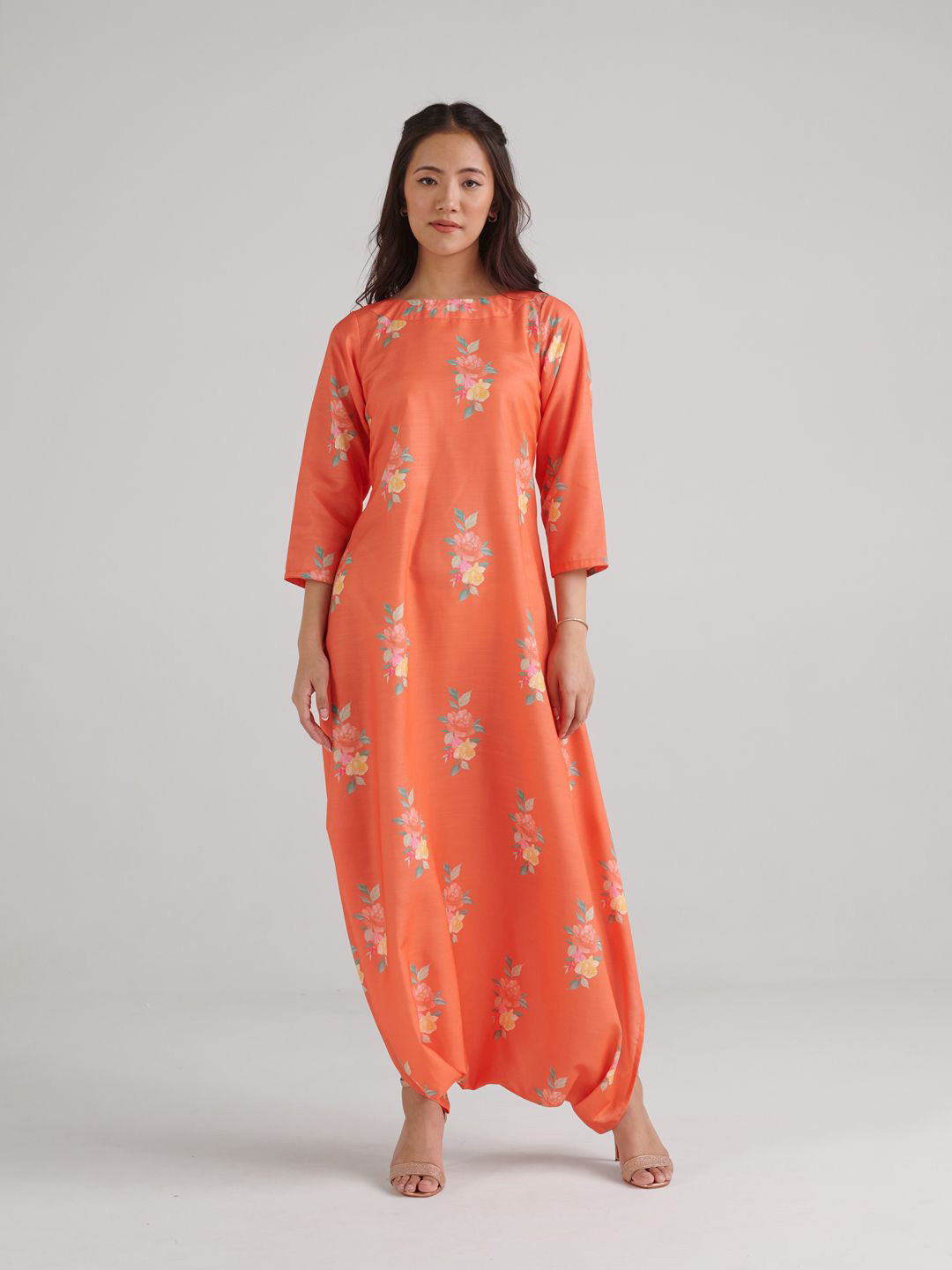 

Pasha Floral Printed Boat Neck Dhoti Jumpsuit, Orange