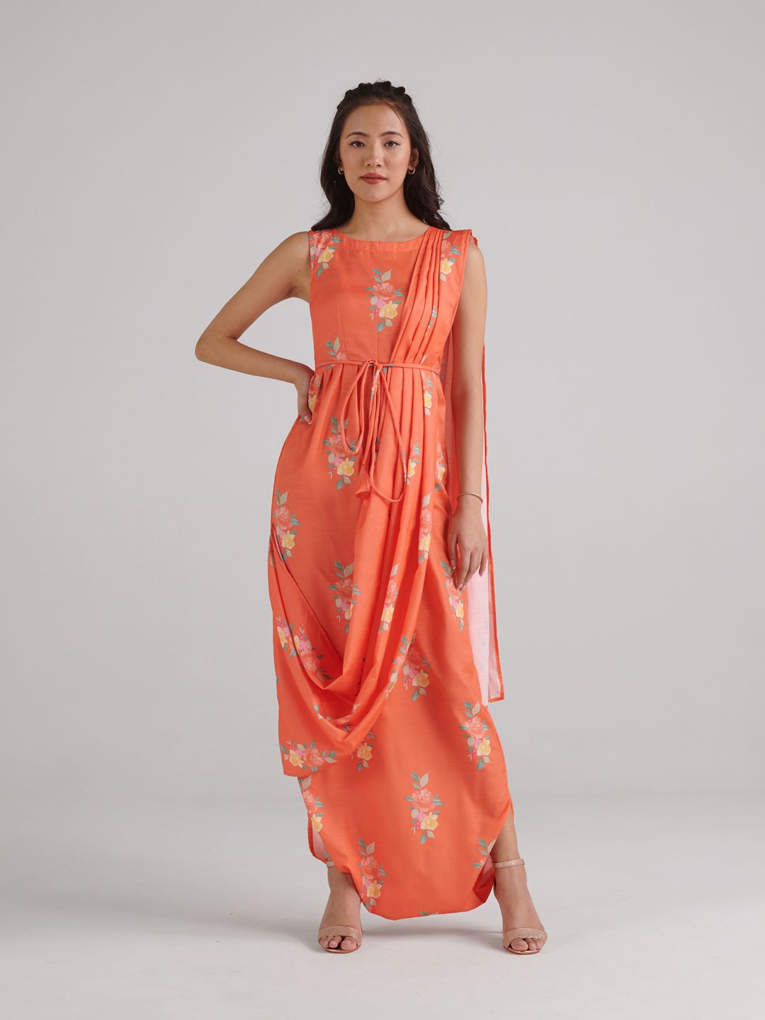 

Pasha Floral Printed Drape Dhoti Jumpsuit, Orange
