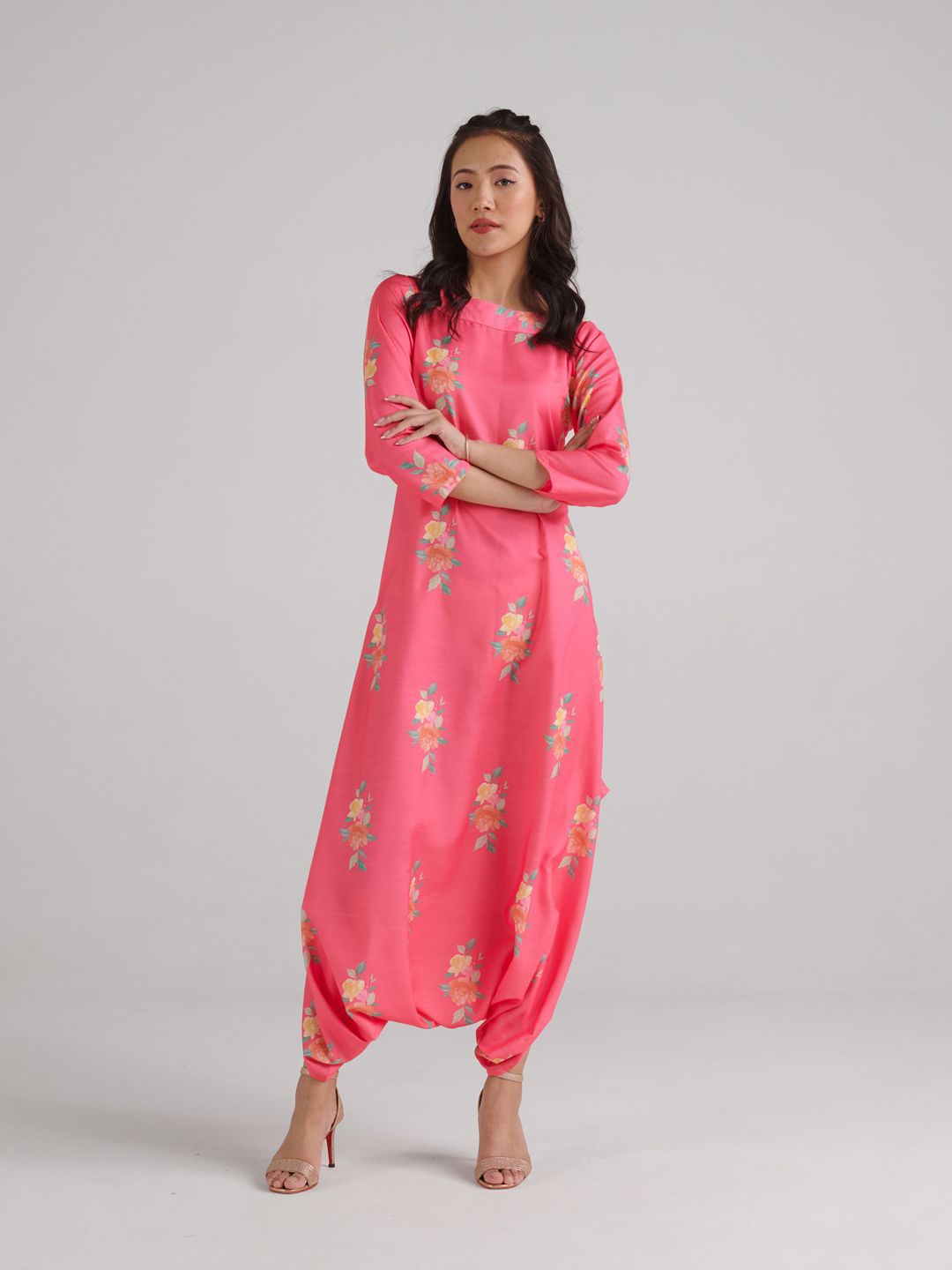 

Pasha Floral Printed Boat Neck Dhoti Jumpsuit, Pink