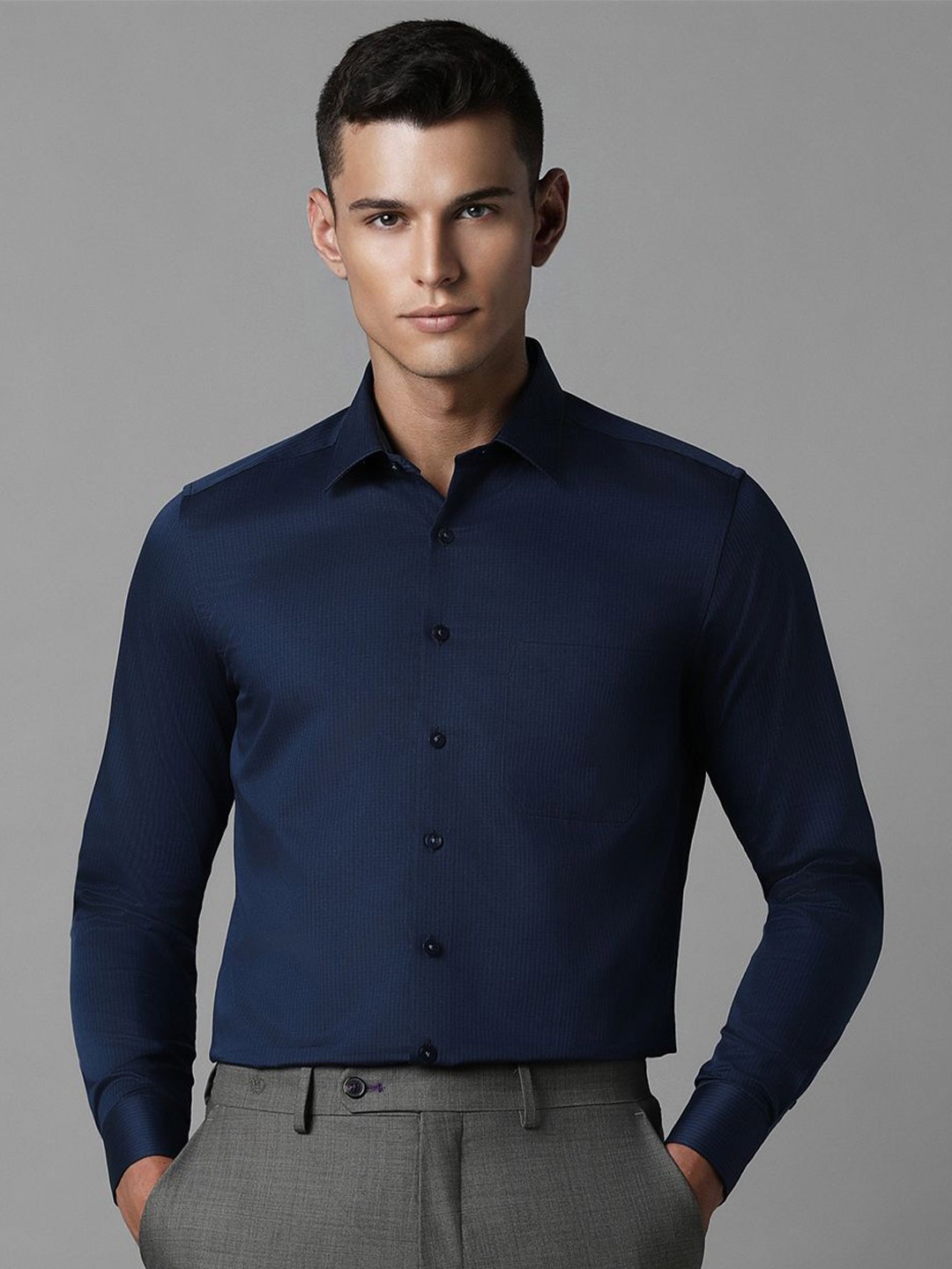

Louis Philippe Men Textured Self Design Slim Fit Opaque Formal Shirt, Navy blue