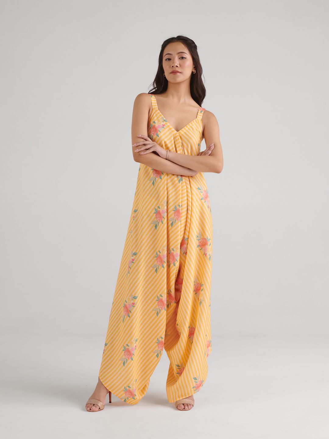 

Pasha Floral Printed Shoulder Straps Dhoti Jumpsuit, Yellow