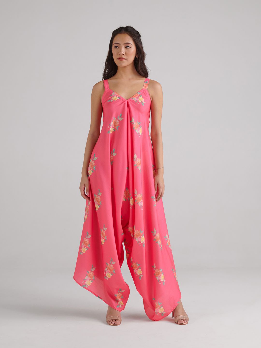 

Pasha Floral Printed Shoulder Straps Dhoti Jumpsuit, Pink