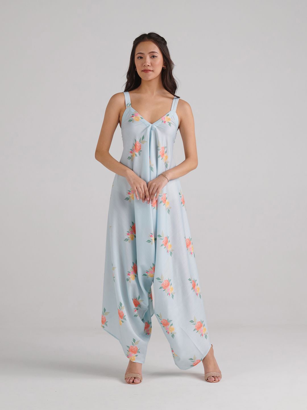 

Pasha Floral Printed Shoulder Straps Dhoti Jumpsuit, Blue