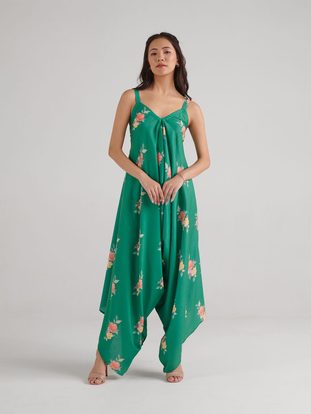 

Pasha Floral Printed Shoulder Straps Dhoti Jumpsuit, Green