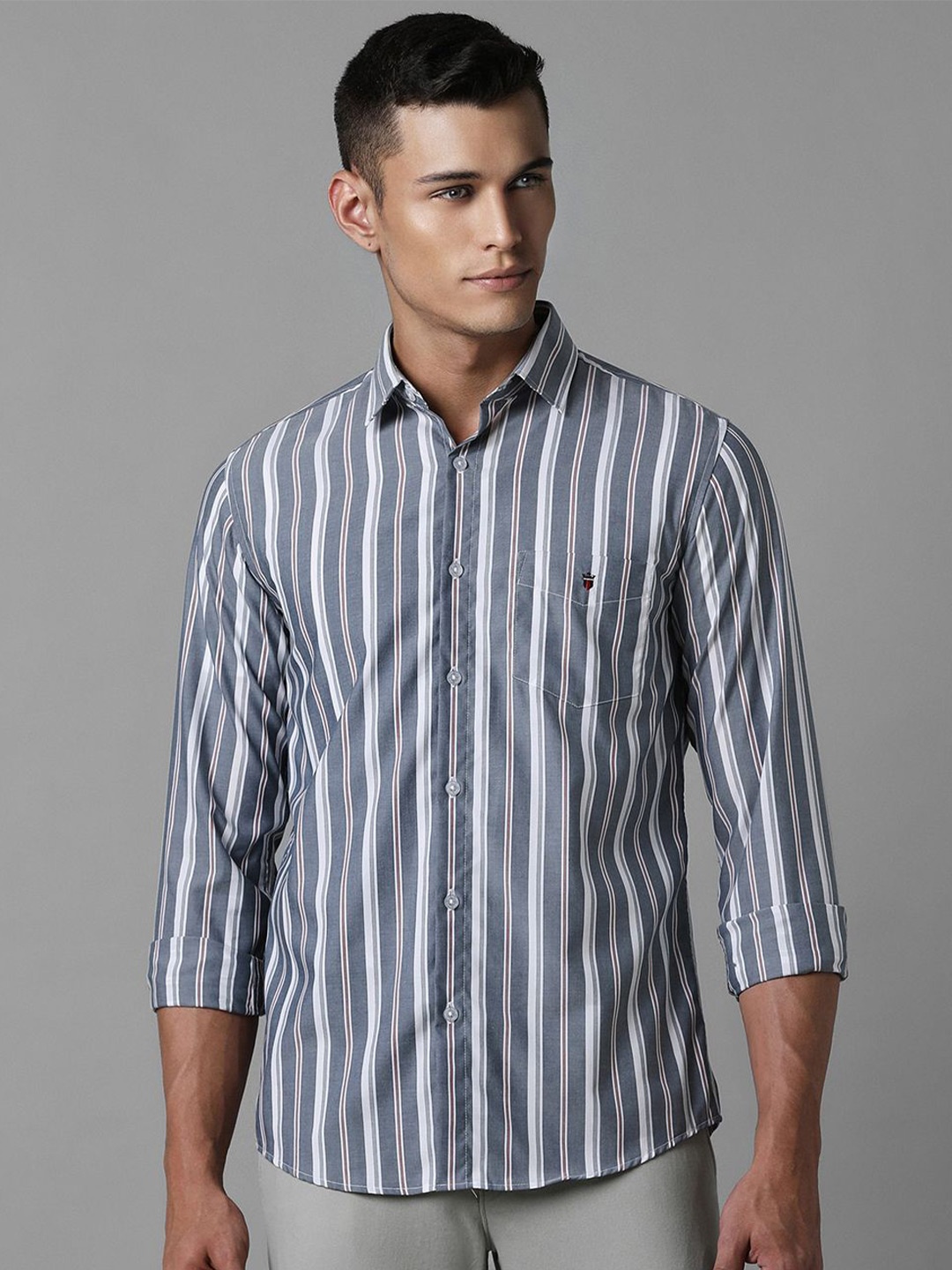 

Louis Philippe Sport Men Slim Fit Opaque Striped Casual cotton Shirt, Grey