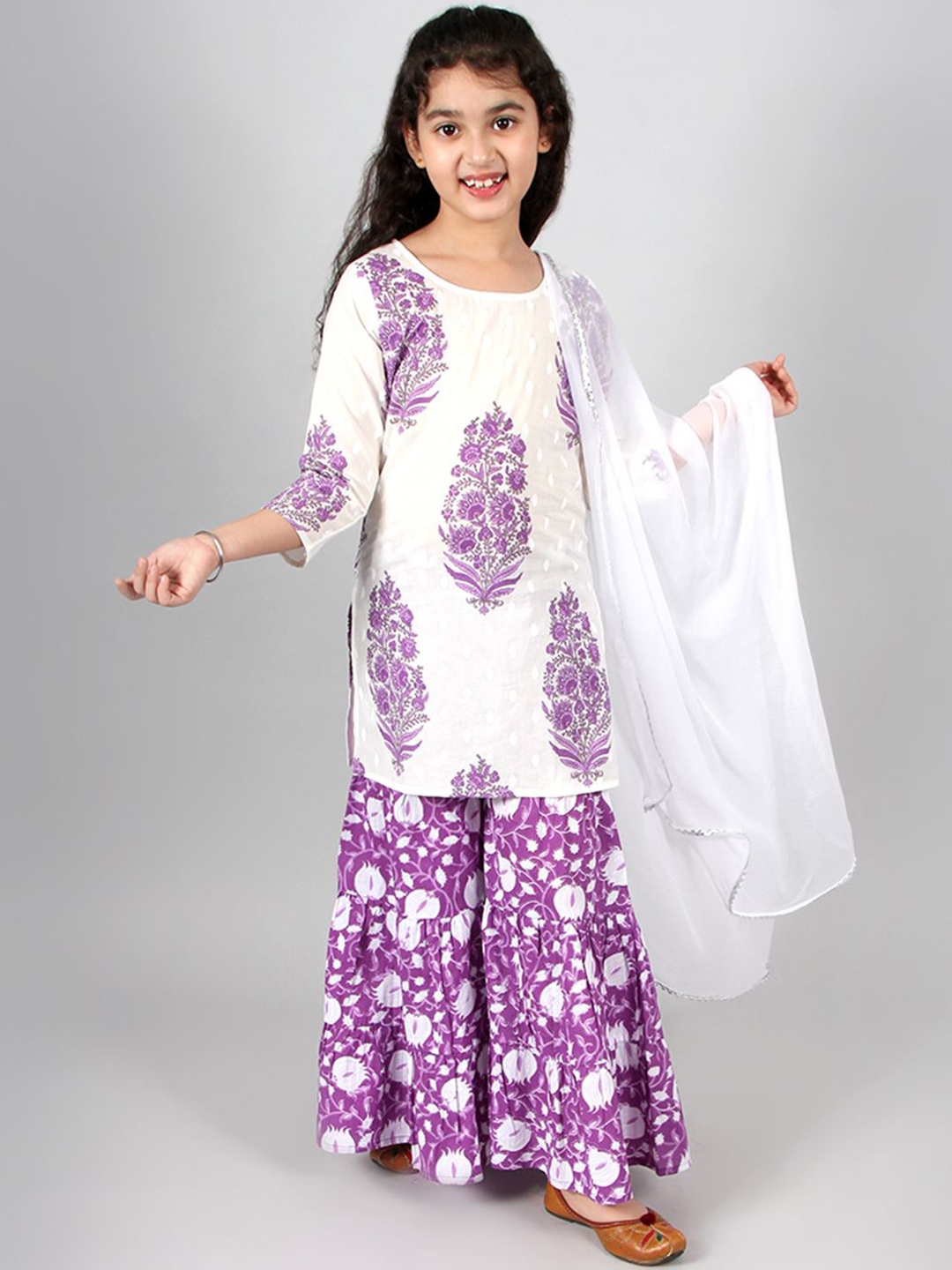 

INCLUD Girls Floral Printed Gotta Patti Kurta with Sharara & Dupatta, White