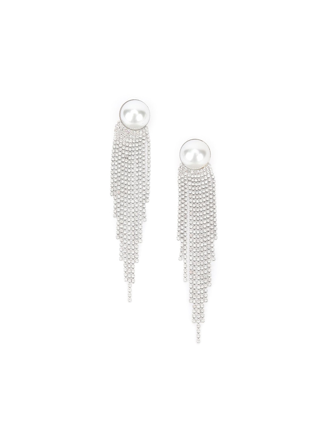 

ODETTE Silver-Plated Zircon Stones Studded Contemporary Tasselled Drop Earrings, White