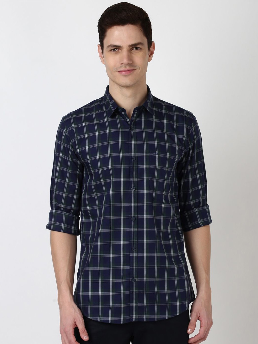 

Peter England Casuals Men Slim Fit Windowpane Checks Opaque Checked Casual Shirt, Navy blue