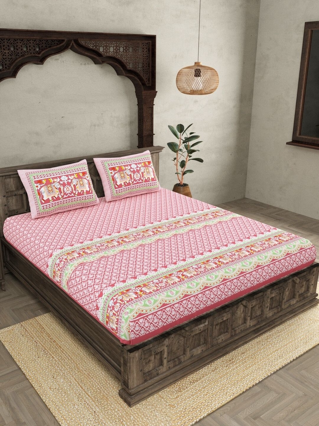 

JAIPUR FABRIC Pink & Cotton Ethnic Motifs 300 TC King Bedsheet with 2 Pillow Covers