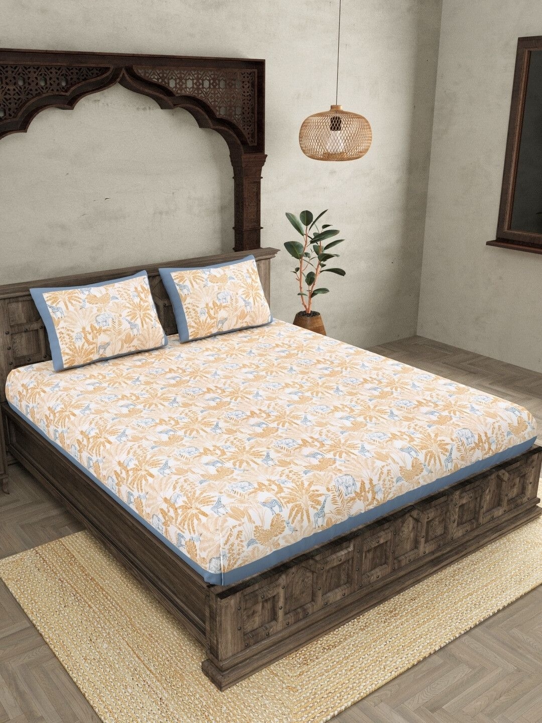 

JAIPUR FABRIC Brown & White Ethnic Motifs Cotton 300 TC King Bedsheet with 2 Pillow Covers