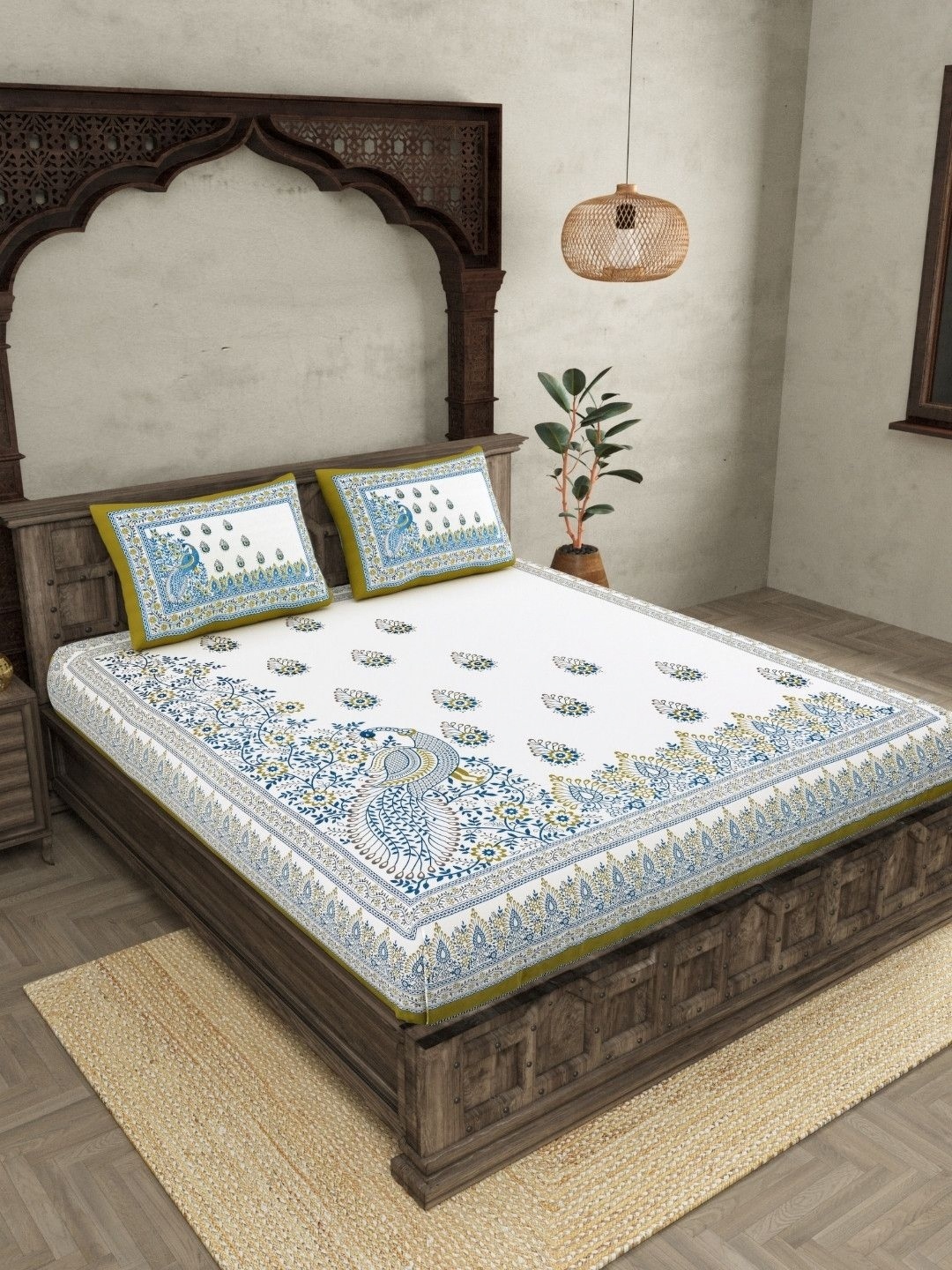 

JAIPUR FABRIC Blue & White Ethnic Motifs Cotton 300 TC King Bedsheet with 2 Pillow Covers