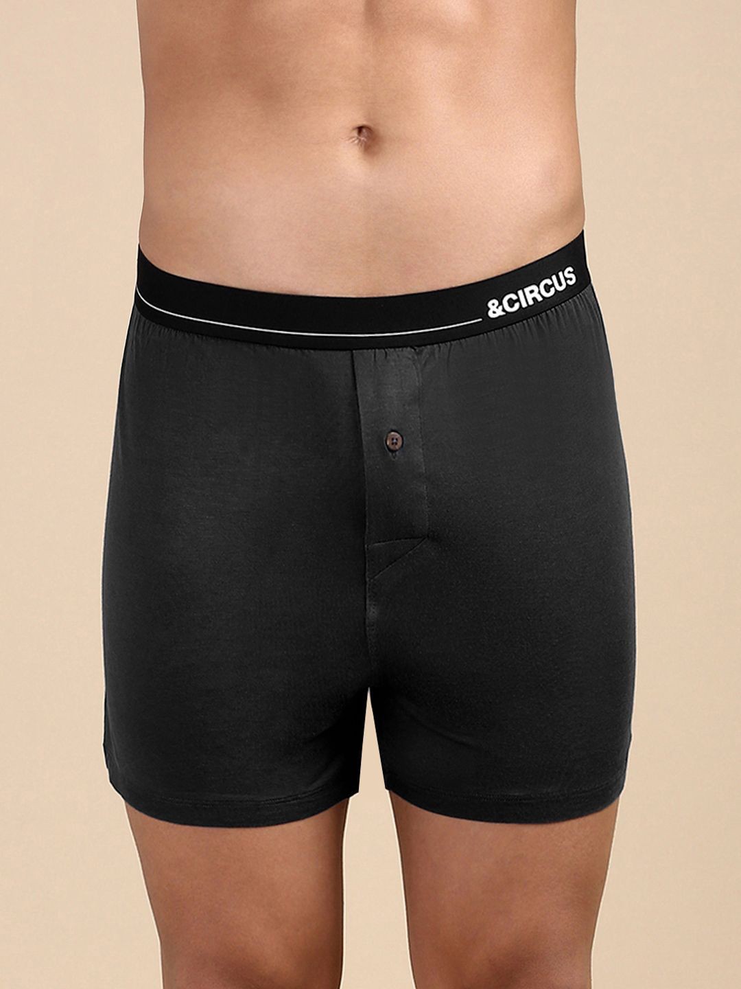 

&CIRCUS Men Solid Modal Boxer with Button Fly, Black