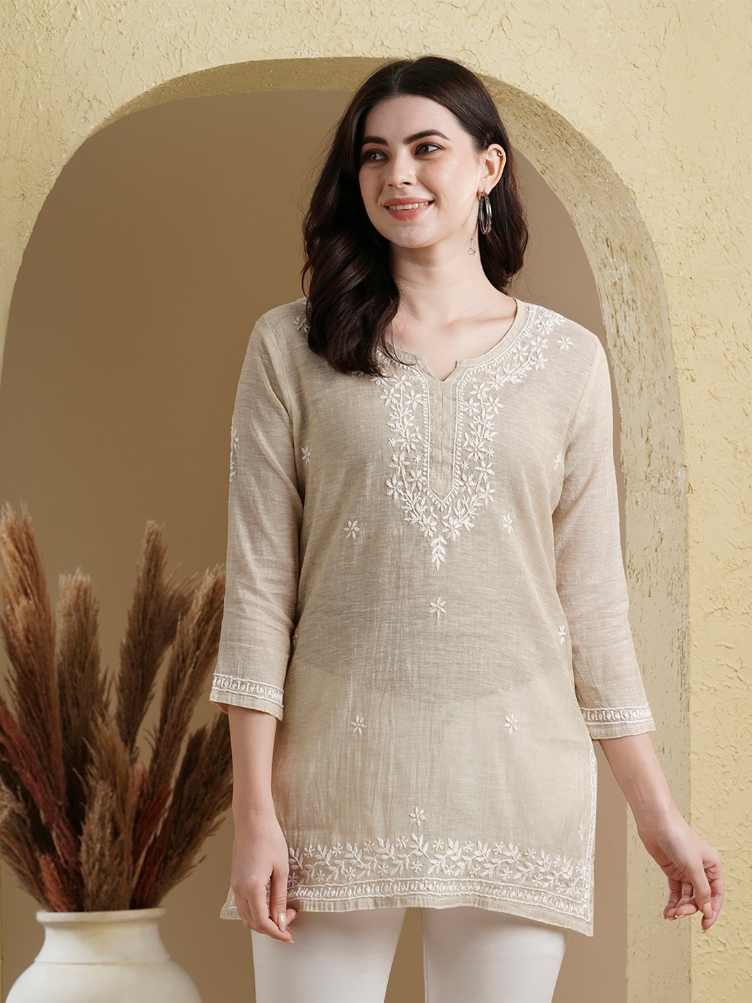 

ADA Embroidered Thread Work Thread Work Cotton Kurti, Beige