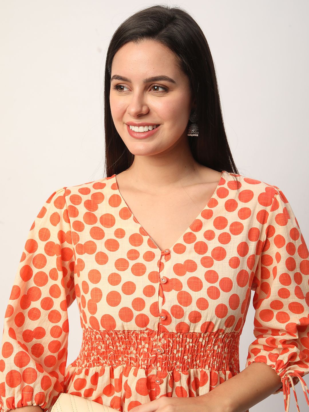 

R&B Women Polka Dot Print Puff Sleeve Empire Midi Dress, Orange