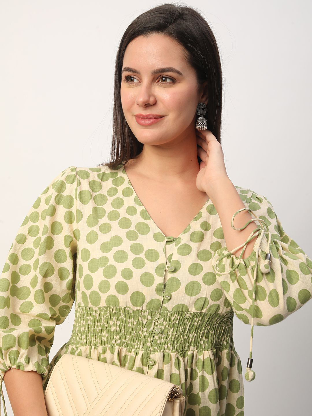 

R&B Women Polka Dots Print Puff Sleeve Fit and Flare Midi Dress, Green