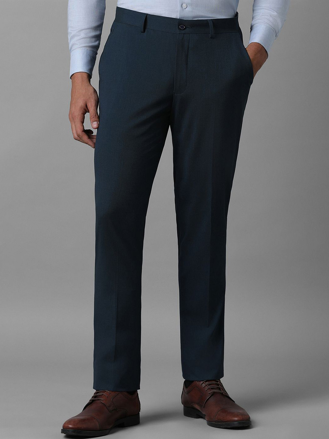 

Louis Philippe Men Textured Slim Fit Mid Rise Flat Front Formal Trousers, Navy blue