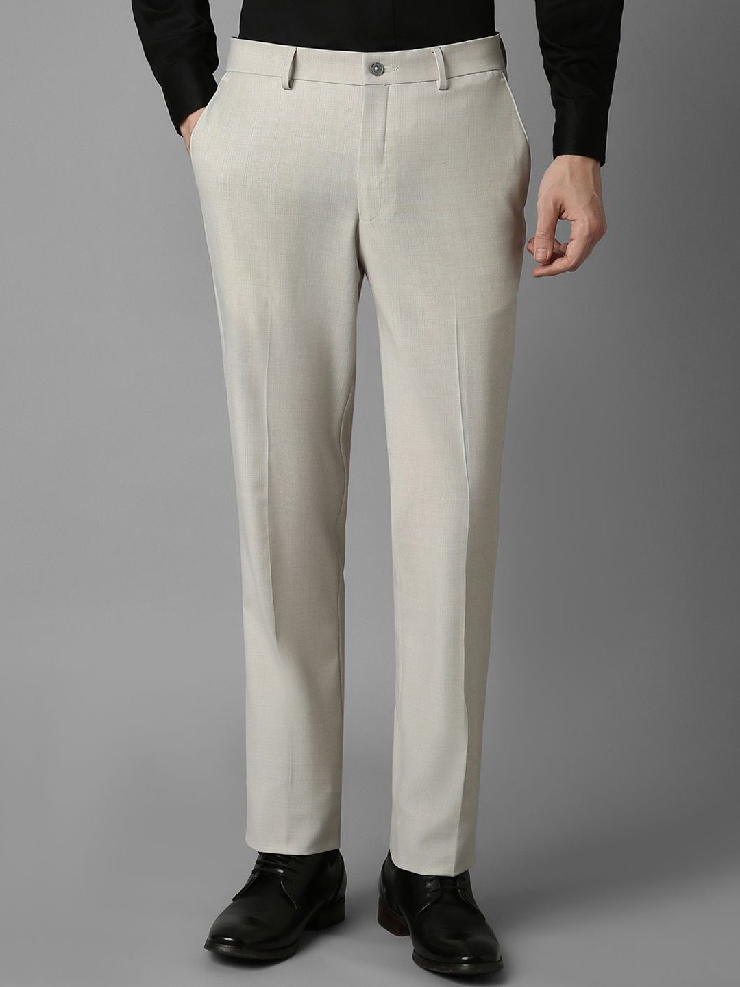 

Louis Philippe Men Textured Slim Fit Mid Rise Flat Front Formal Trousers, Grey