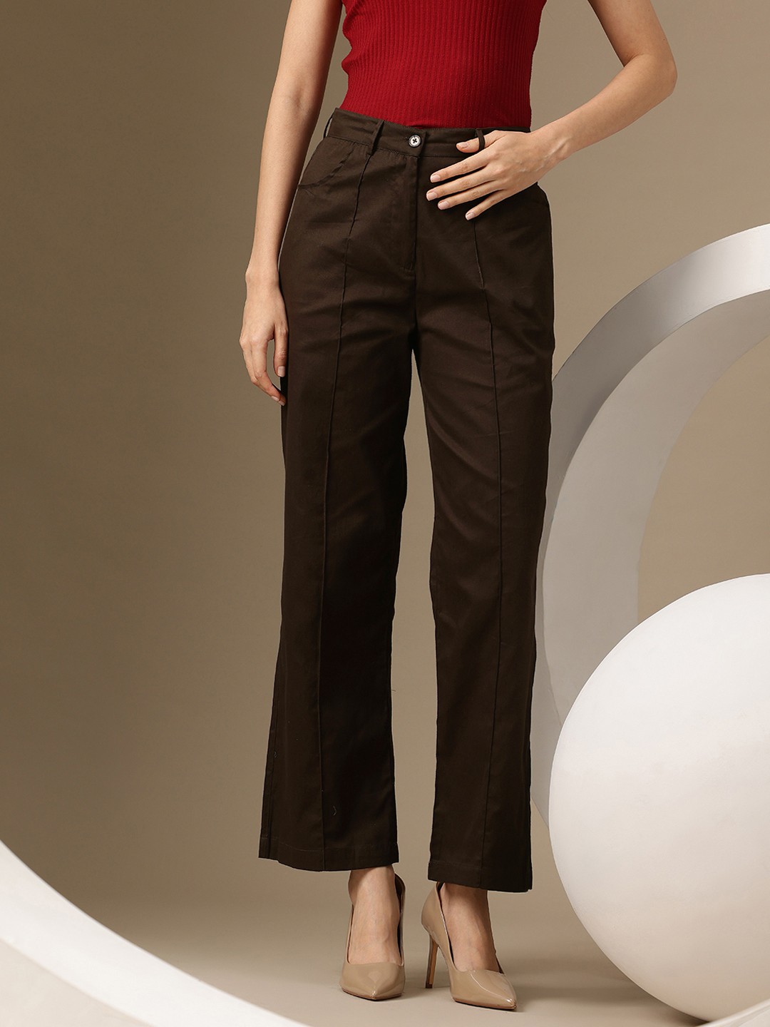 

Chemistry Women Pure Cotton High-Rise Pleated Trousers, Brown