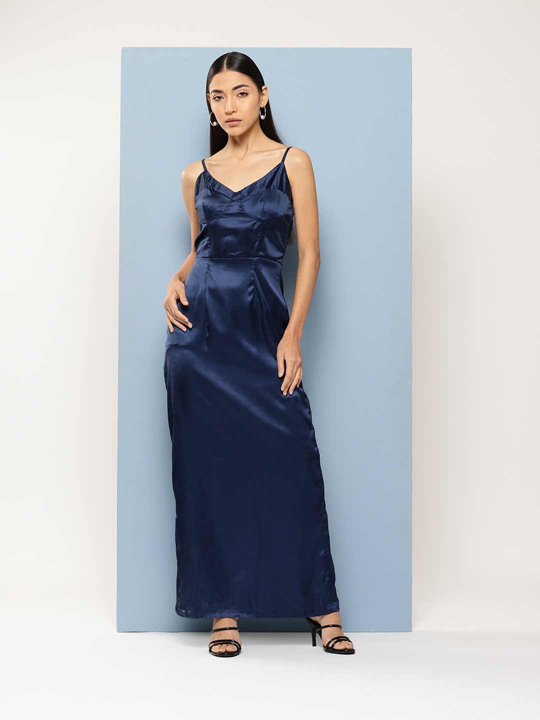 

Chemistry Satin Finish Strappy Slit-Detail Sheath Maxi Dress, Navy blue