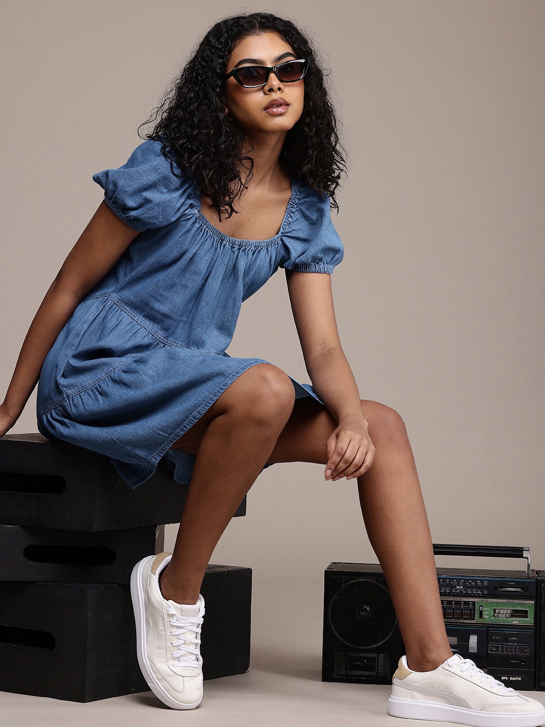 

The Roadster Life Co. Tie-Up Puff Sleeve Gathers Pure Cotton Chambray Tiered A-Line Dress, Blue