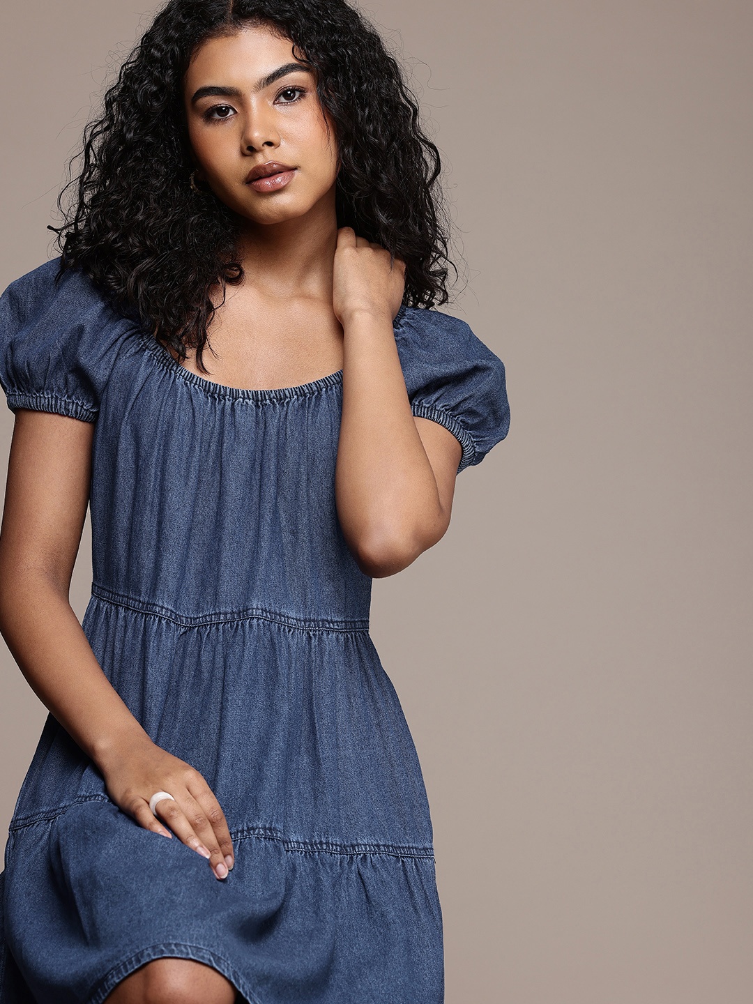 

The Roadster Life Co. Tie-Up Puff Sleeve Gathers Pure Cotton Chambray Tiered A-Line Dress, Blue