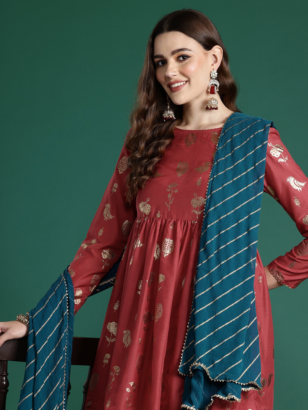 

Sangria Floral Printed Empire Gotta Patti Kurti with Sharara & With Dupatta, Maroon