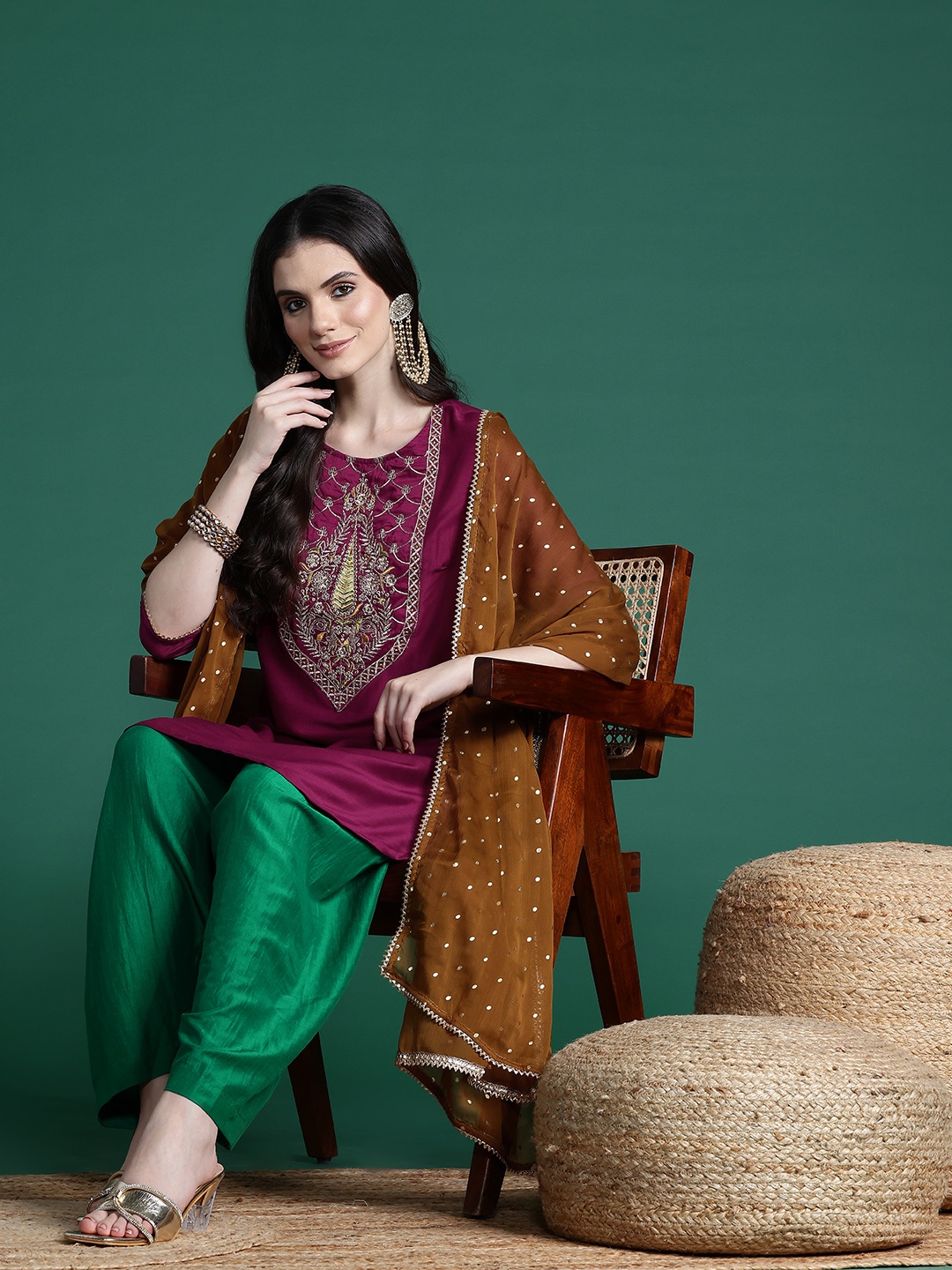

Sangria Ethnic Motifs Embroidered Yoke Design Kurta with Patiala & Dupatta, Purple