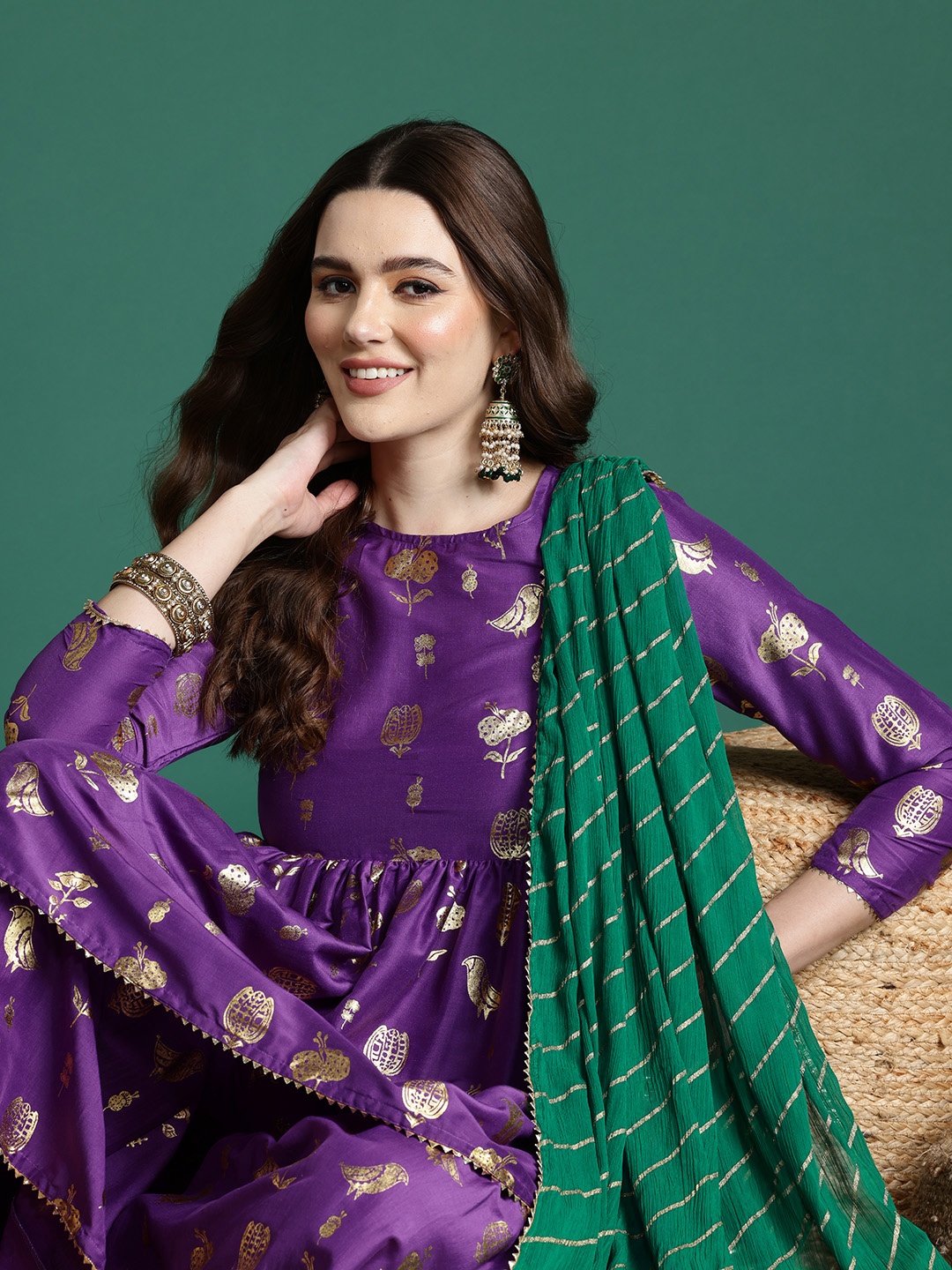 

Sangria Ethnic Motifs Printed Empire Gotta Patti Kurti with Sharara & With Dupatta, Purple