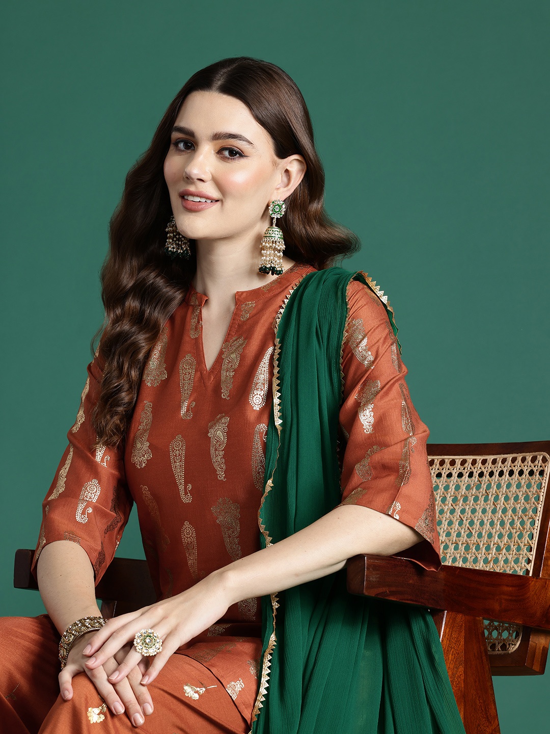 

Sangria Paisley Printed Kurta with Salwar & With Dupatta, Rust