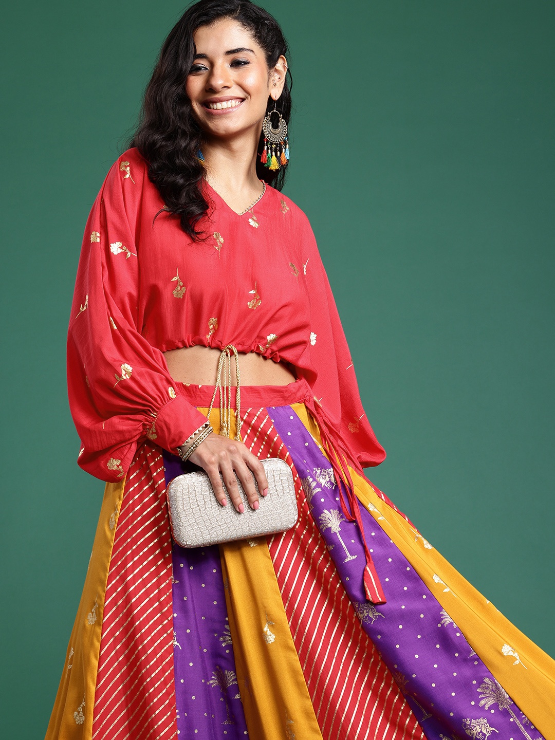 

Sangria Foil Printed V-Neck Dolman Sleeves Ready to Wear Lehenga Choli, Red