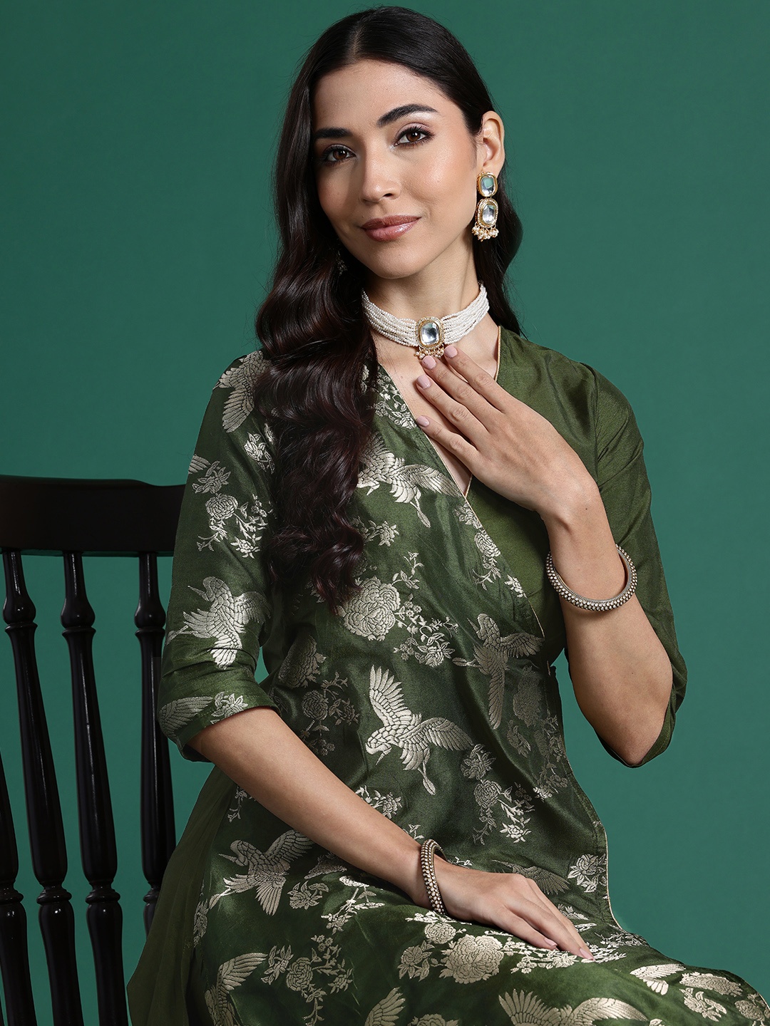 

Sangria Ethnic Motifs Printed Angrakha Gotta Patti Kurta with Pyjamas, Olive