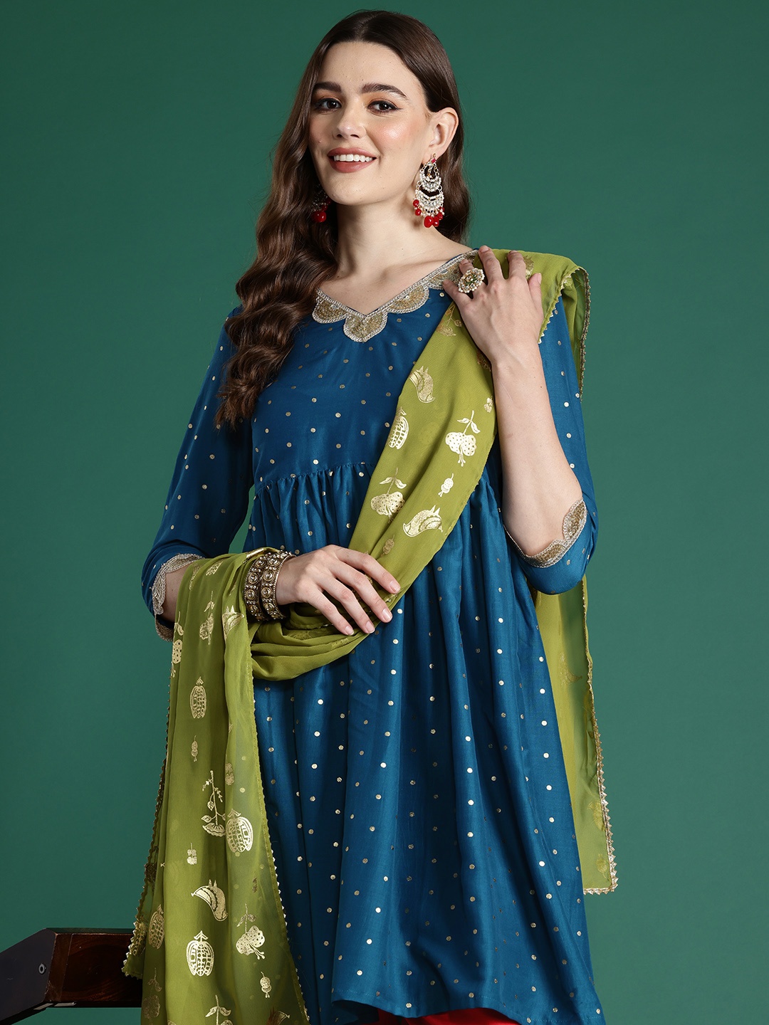 

Sangria Printed Regular Gotta Patti Kurta with Salwar & With Dupatta, Blue