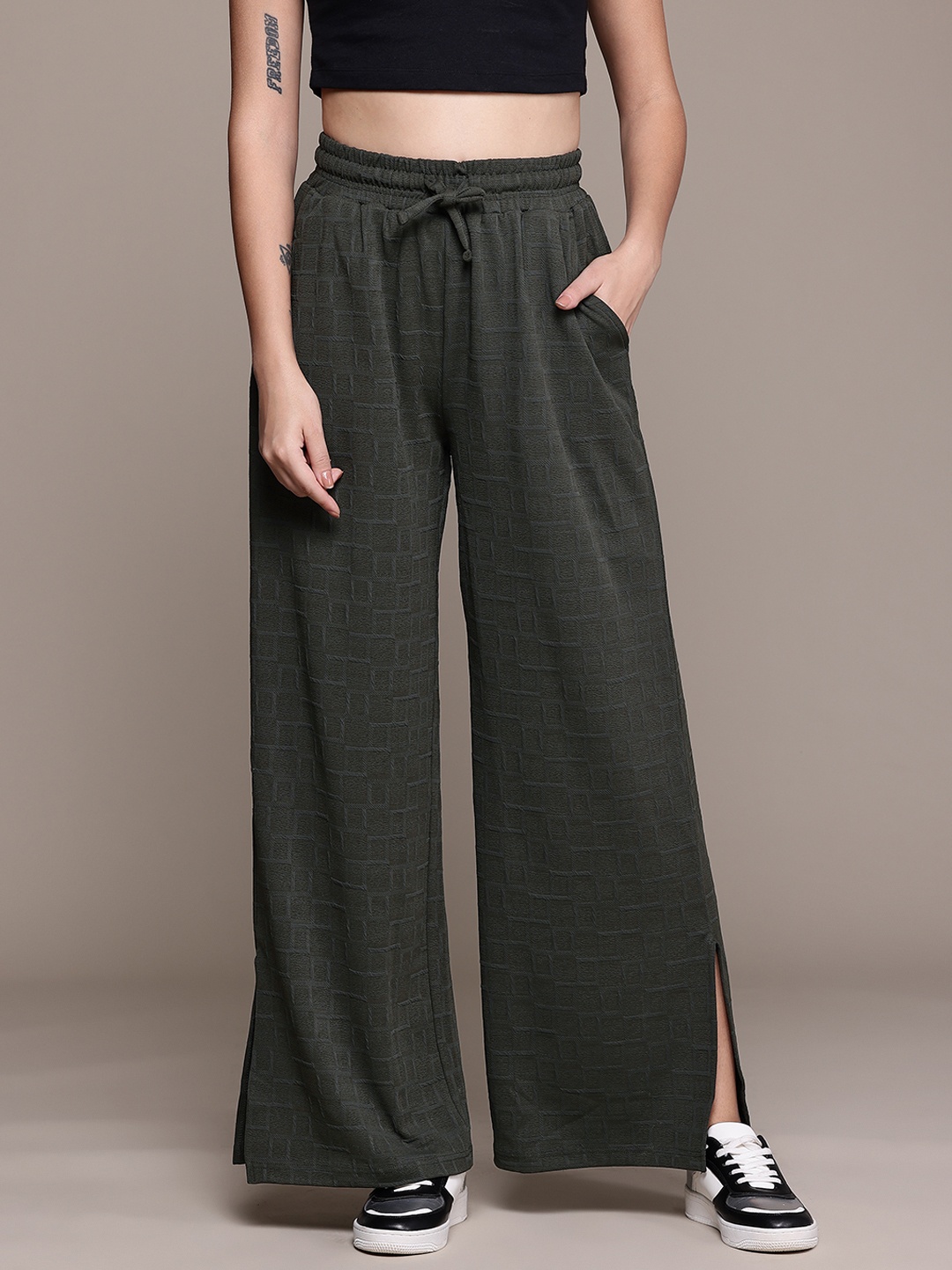 

The Roadster Lifestyle Co. Women Textured Flared Track Pants With Slit, Olive