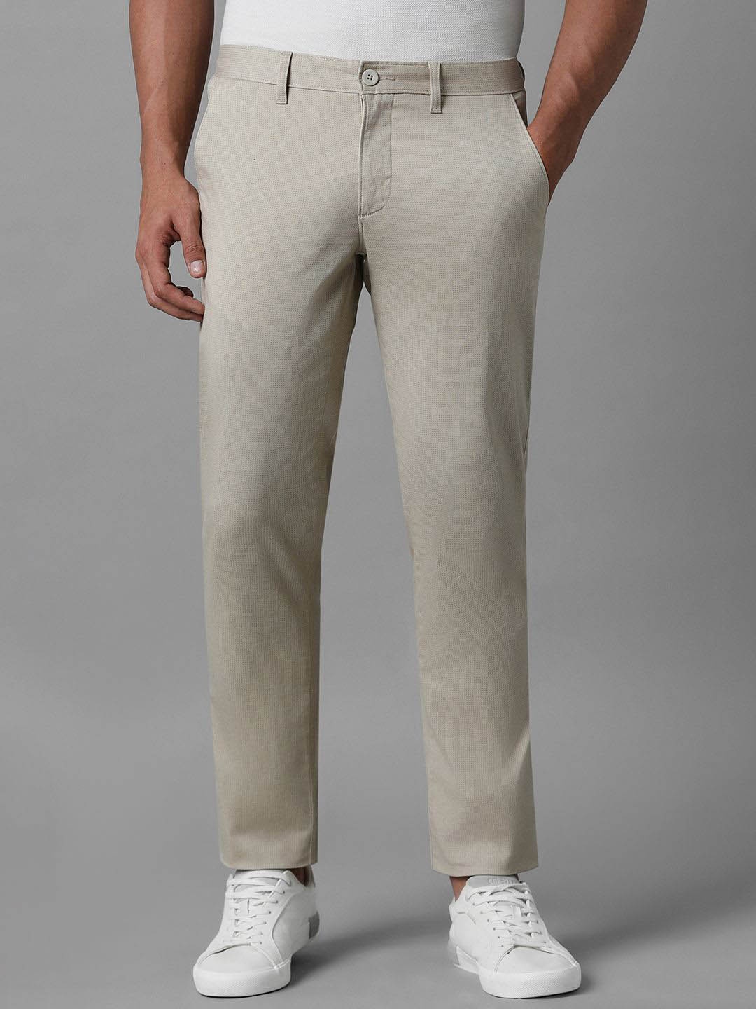 

Louis Philippe Sport Men Slim Fit Mid-Rise Textured Flat Front Trousers, Beige