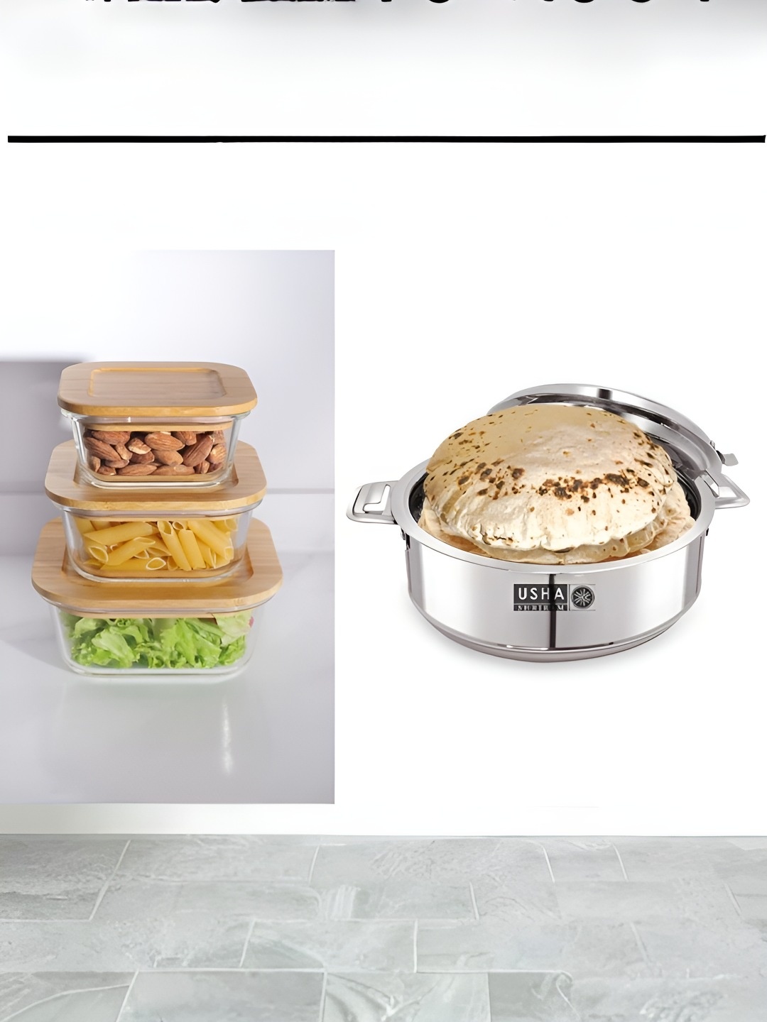 

USHA SHRIRAM Steel Toned 4Pcs Insulated Casserole (2L) & 3Pcs Borosilicate Food Containers